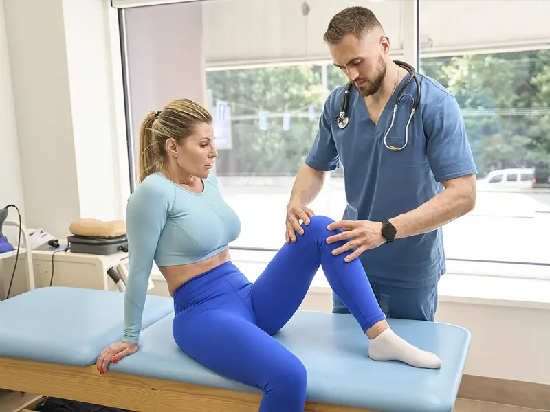 Physical therapist guiding a patient through ACL rehab knee exercises