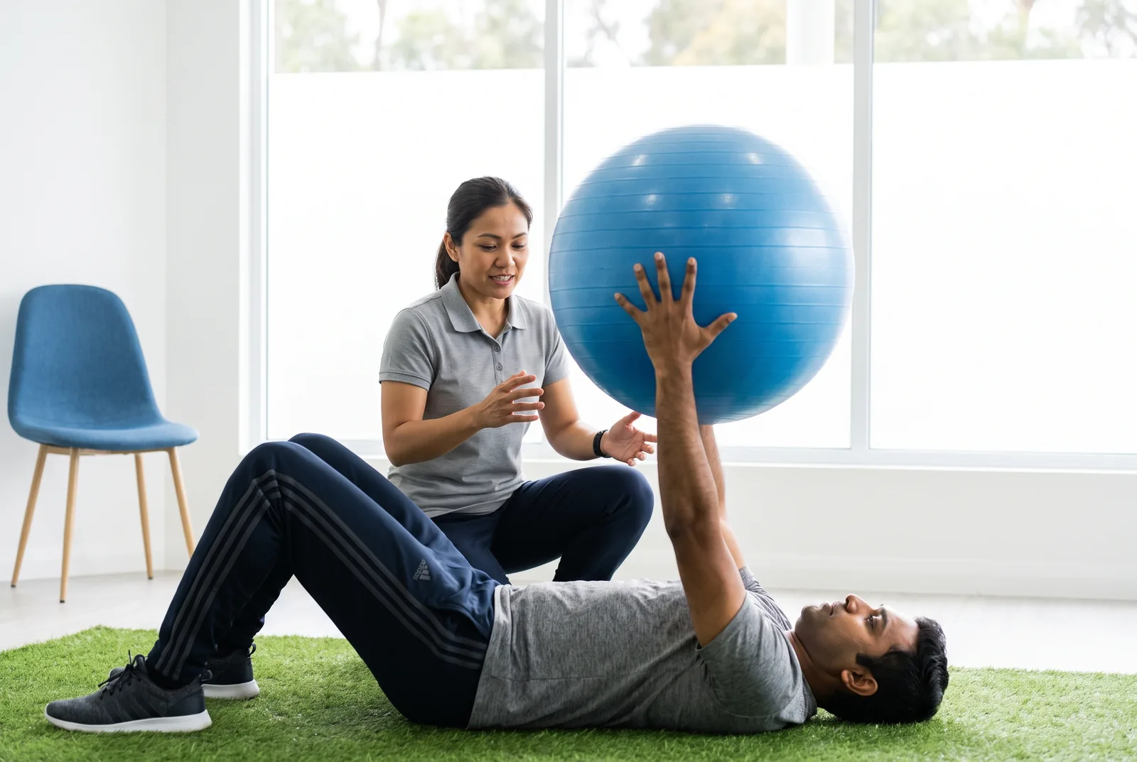 Physical therapist coaching an athletic patient through stability-ball rehab work